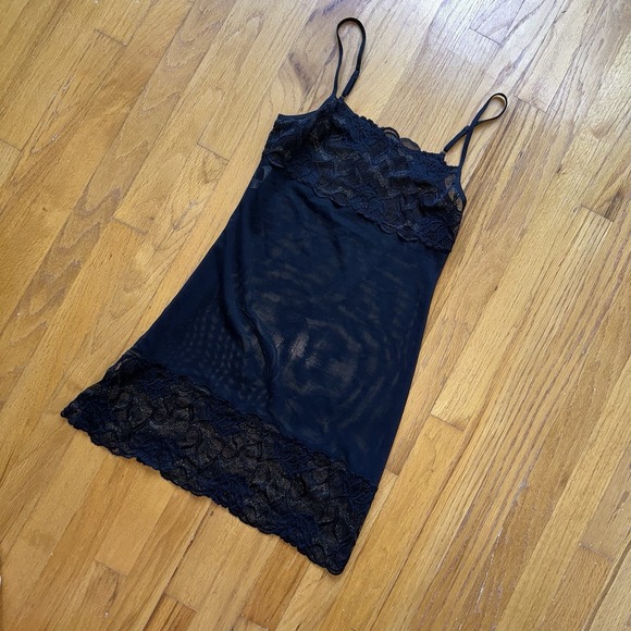 Vintage Lace Sheer Slip Dress Black Gold Whimsigoth Lingerie Camisole Tank S VTG - Picture 2 of 8